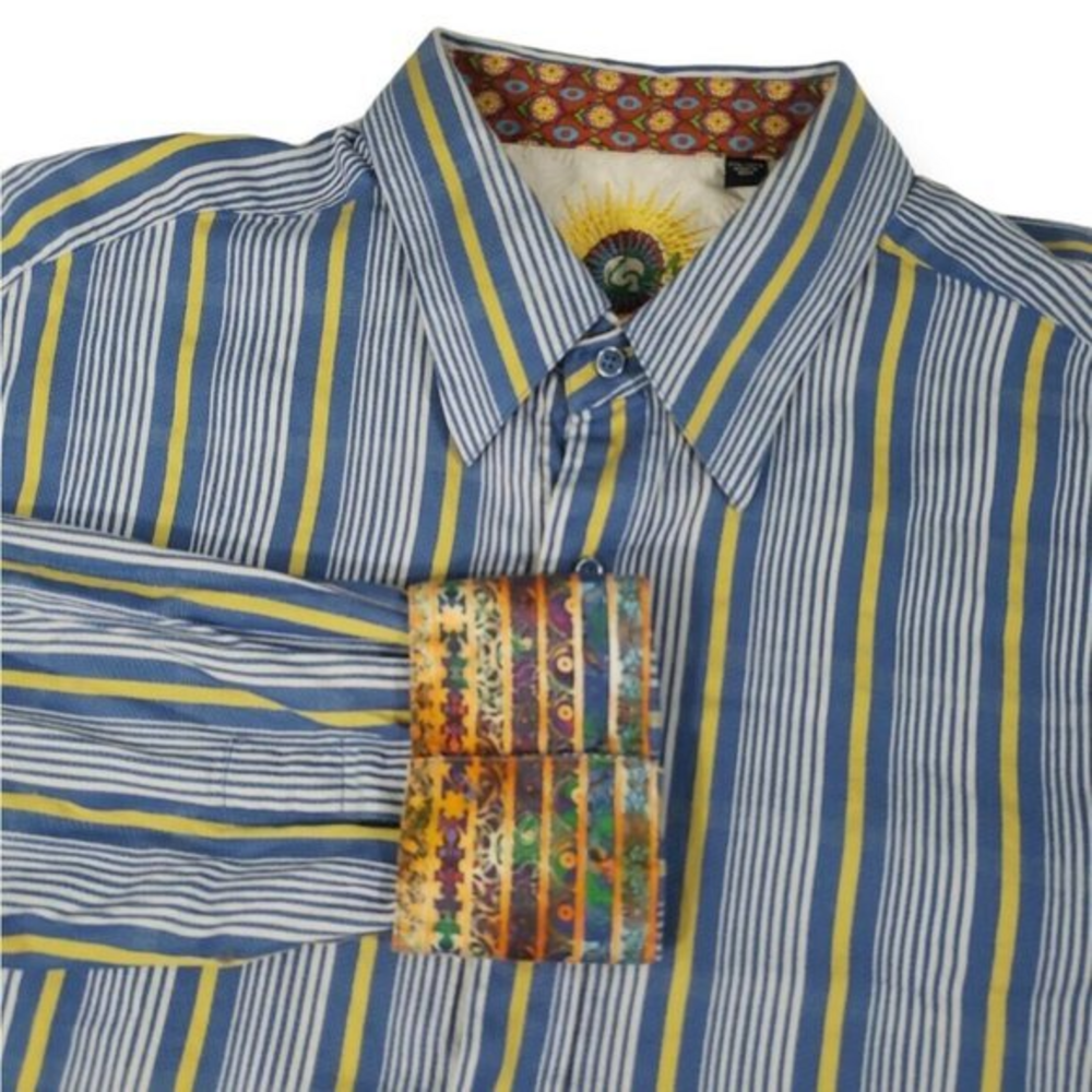 Robert Graham Mens 2XL, XXL Long Sleeve Flip Cuff Blue Yellow‎ Striped Sunburst